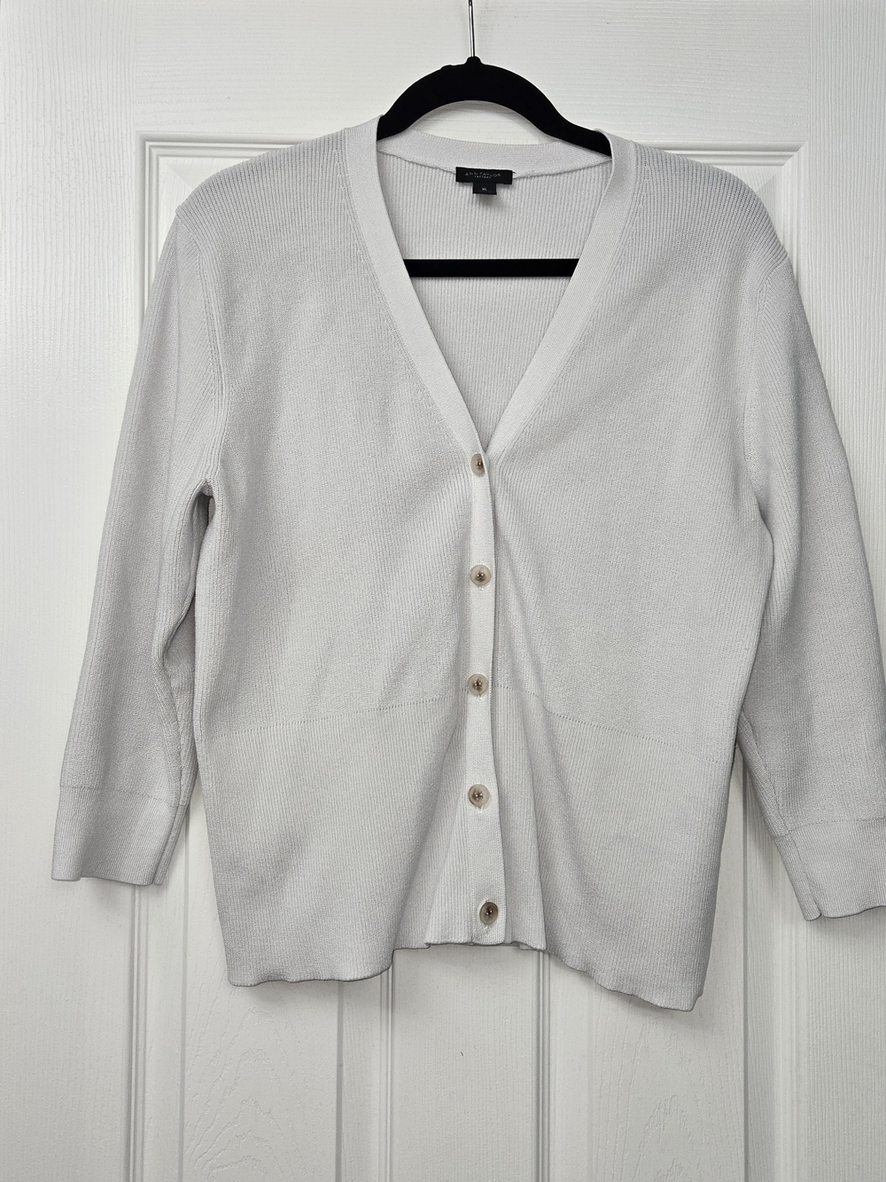 Ann Taylor Factory Womens XL Cool Grey Ribbed V-Neck Cardigan Sweater 3/4 Sleeve